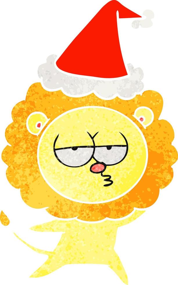 retro cartoon of a bored lion wearing santa hat vector