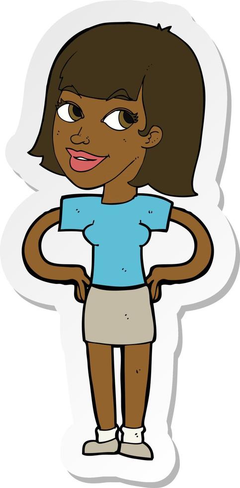 sticker of a cartoon happy woman with hands on hips vector