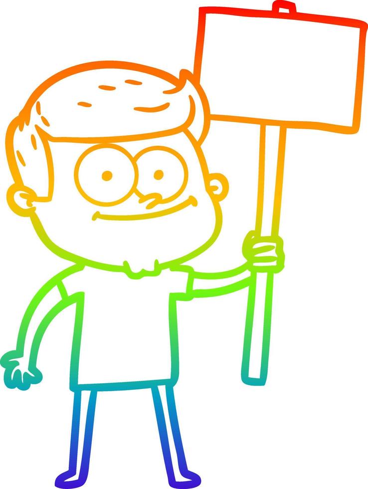 rainbow gradient line drawing cartoon happy man with placard vector