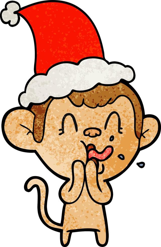 crazy textured cartoon of a monkey wearing santa hat vector