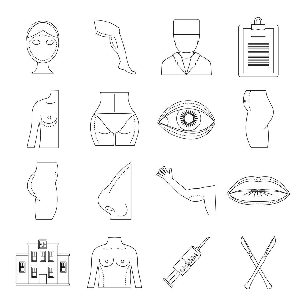 Plastic surgeon icons set, outline style vector