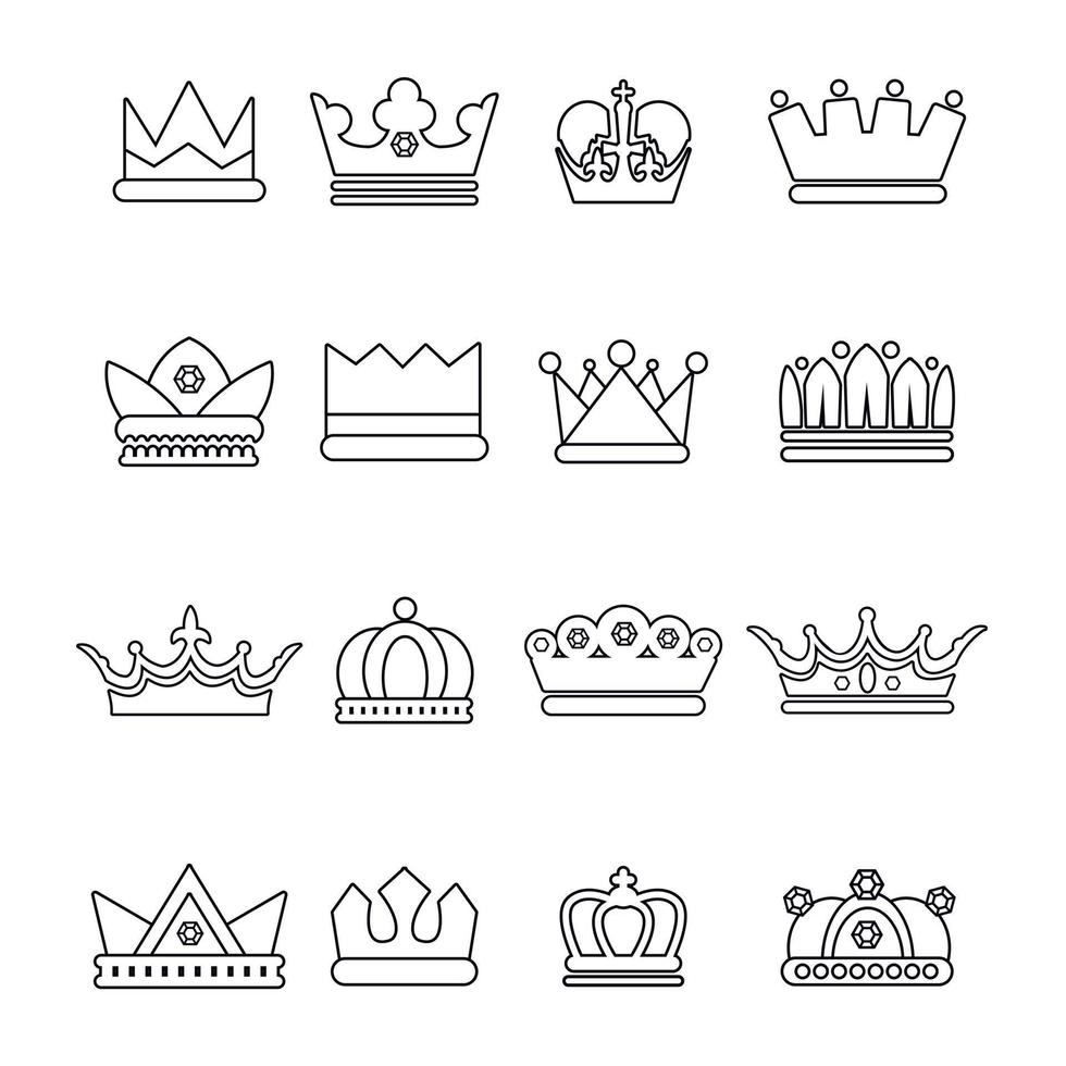 Crown gold icons set, outline style vector