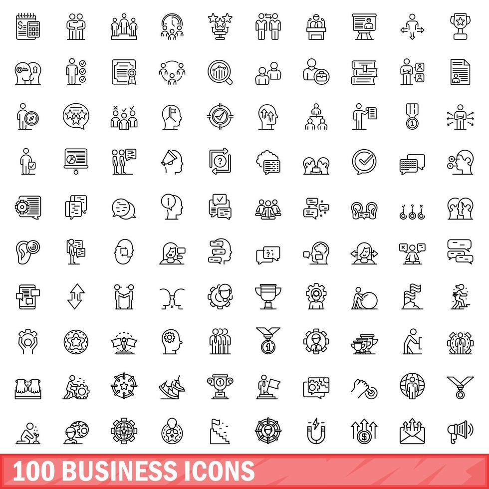 100 business icons set, outline style vector