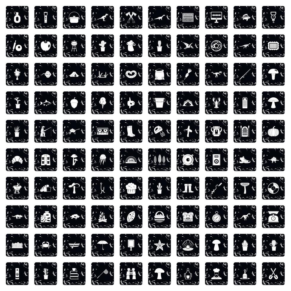 100 hobby icons set, grunge style vector