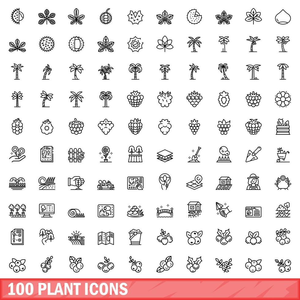 100 iconos de plantas, estilo de esquema vector