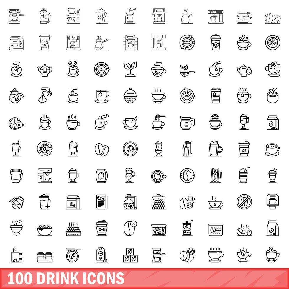 100 drink icons set, outline style vector