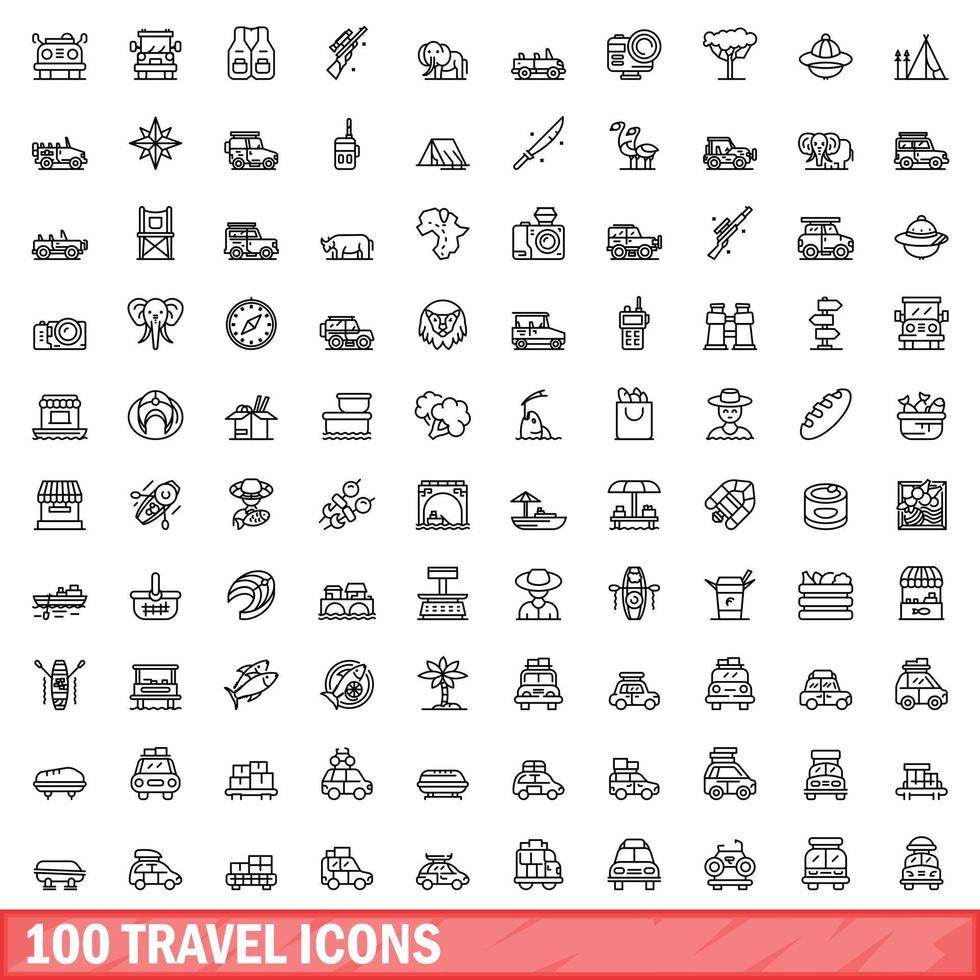 100 travel icons set, outline style vector