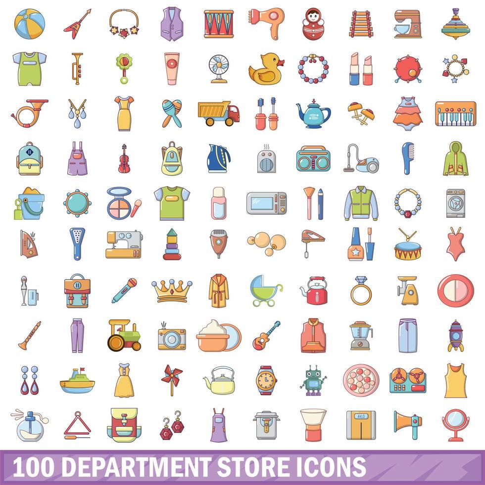 100 iconos de tienda por departamentos, estilo de dibujos animados vector