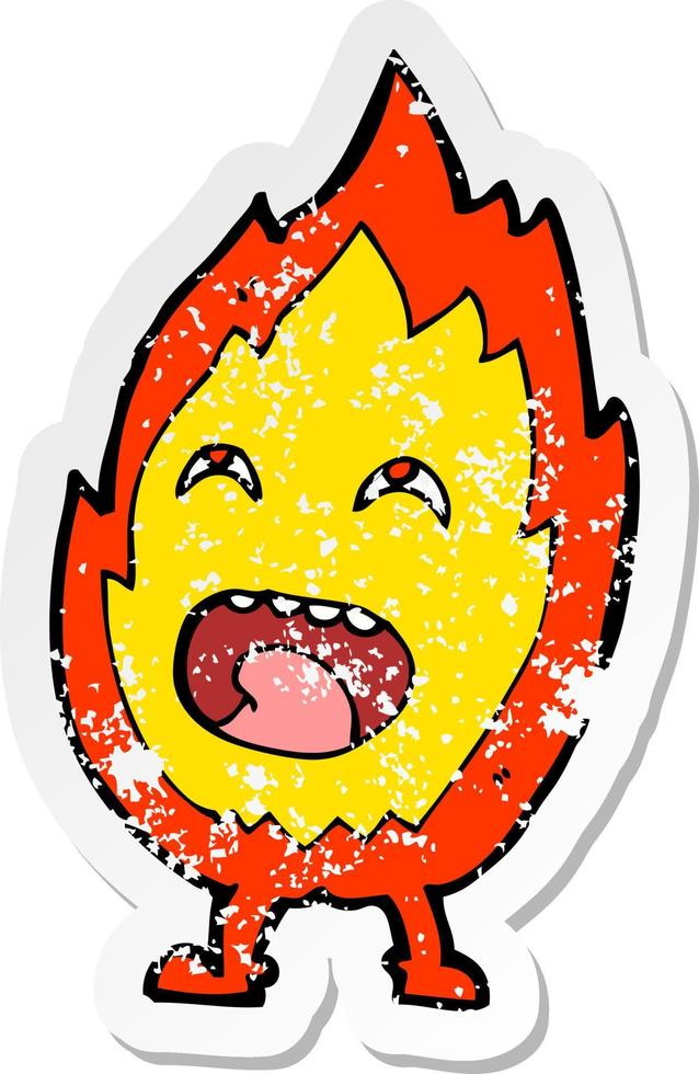 retro distressed sticker of a cartoon flame character vector