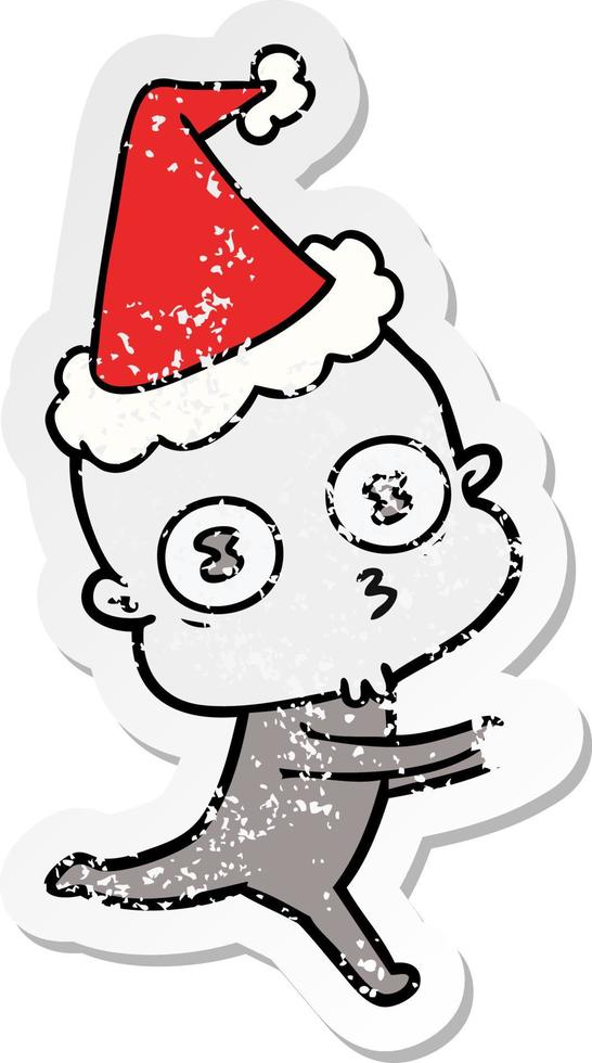 distressed sticker cartoon of a weird bald spaceman running wearing santa hat vector