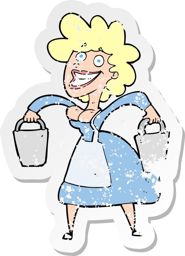 retro distressed sticker of a cartoon milkmaid carrying buckets vector
