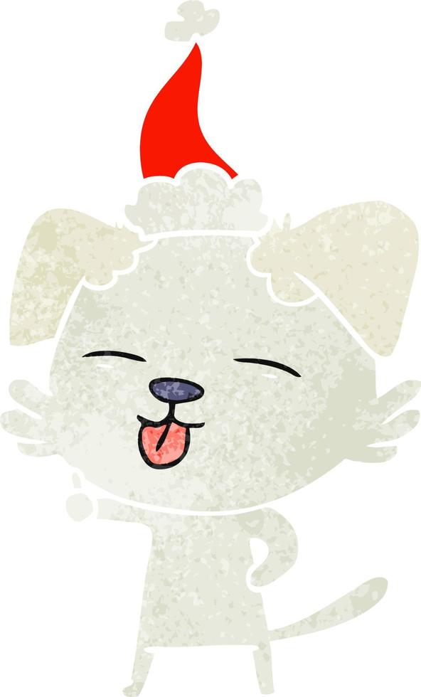 retro cartoon of a dog sticking out tongue wearing santa hat vector