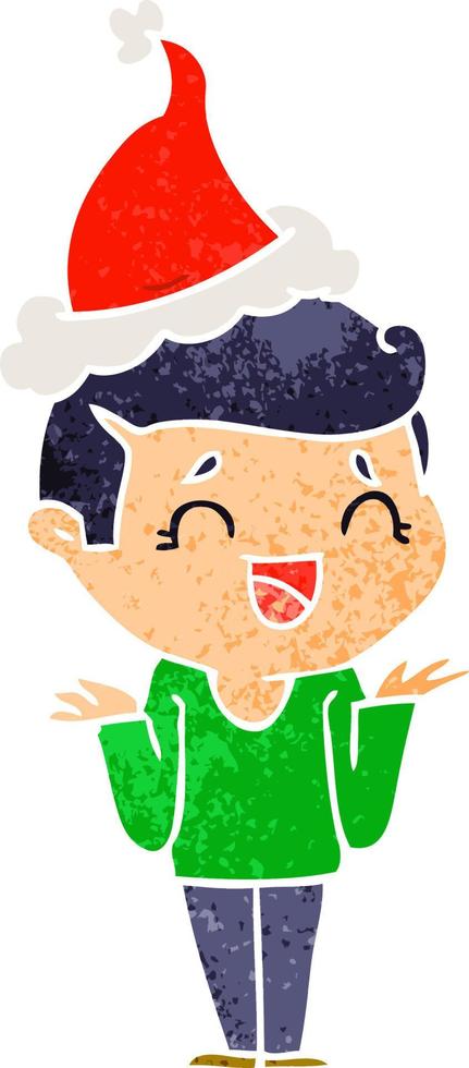 retro cartoon of a laughing confused man wearing santa hat vector