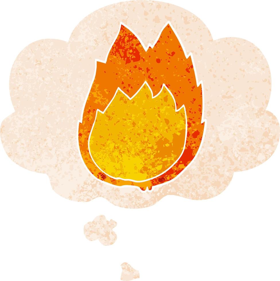 cartoon flames and thought bubble in retro textured style vector