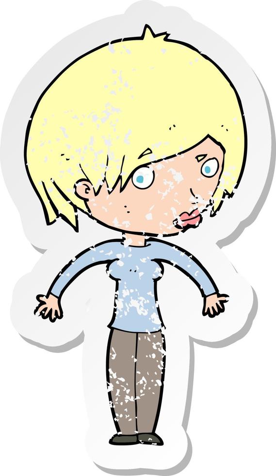 retro distressed sticker of a cartoon woman shrugging vector