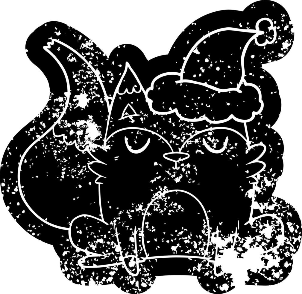cartoon distressed icon of a fox wearing santa hat vector
