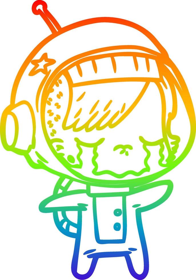 rainbow gradient line drawing cartoon crying astronaut girl vector