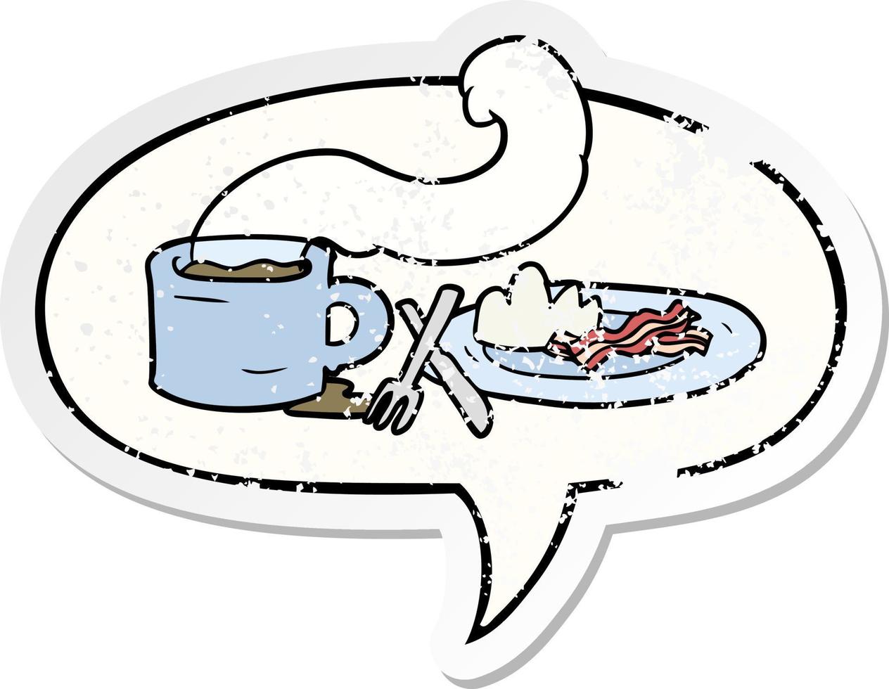 cartoon breakfast of coffee and bacon and speech bubble distressed sticker vector