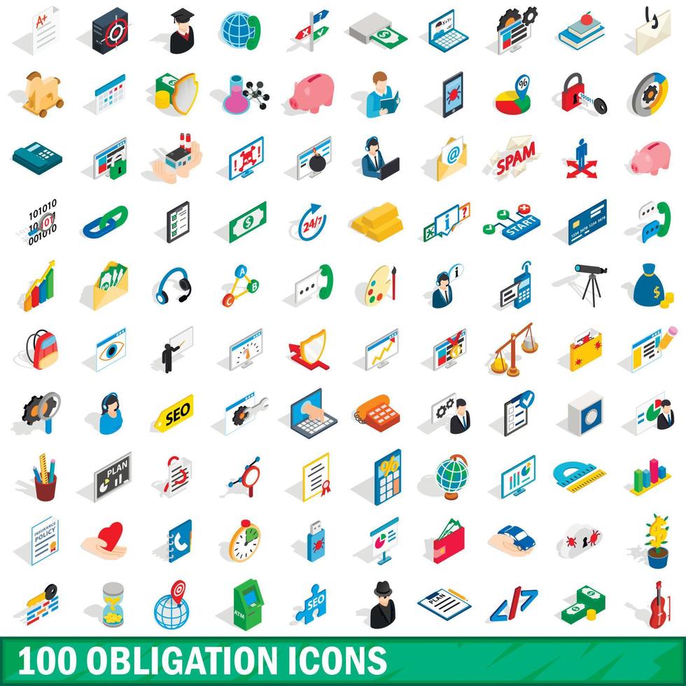 100 iconos de obligación establecidos, estilo 3D isométrico vector