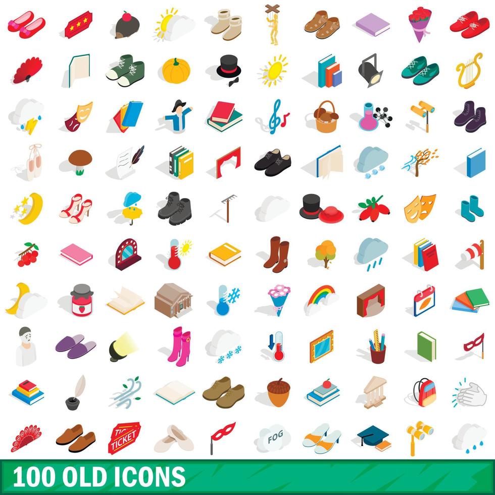 100 old icons set, isometric 3d style vector