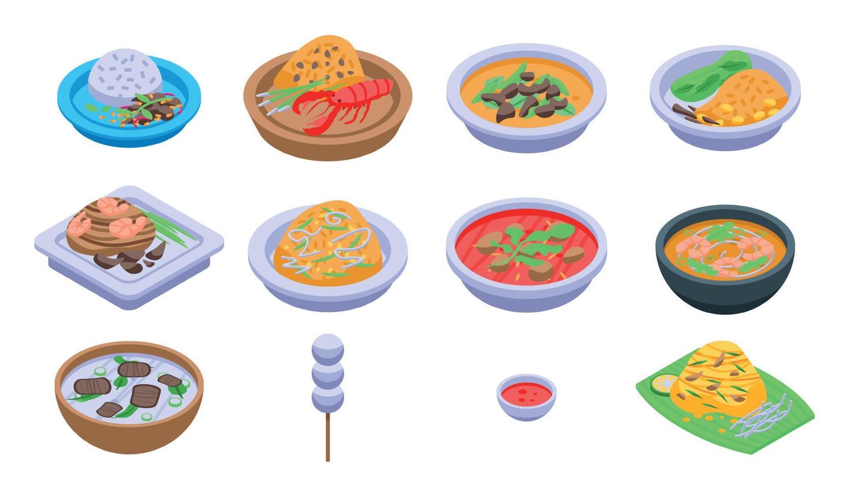 Thai food icons set, isometric style vector