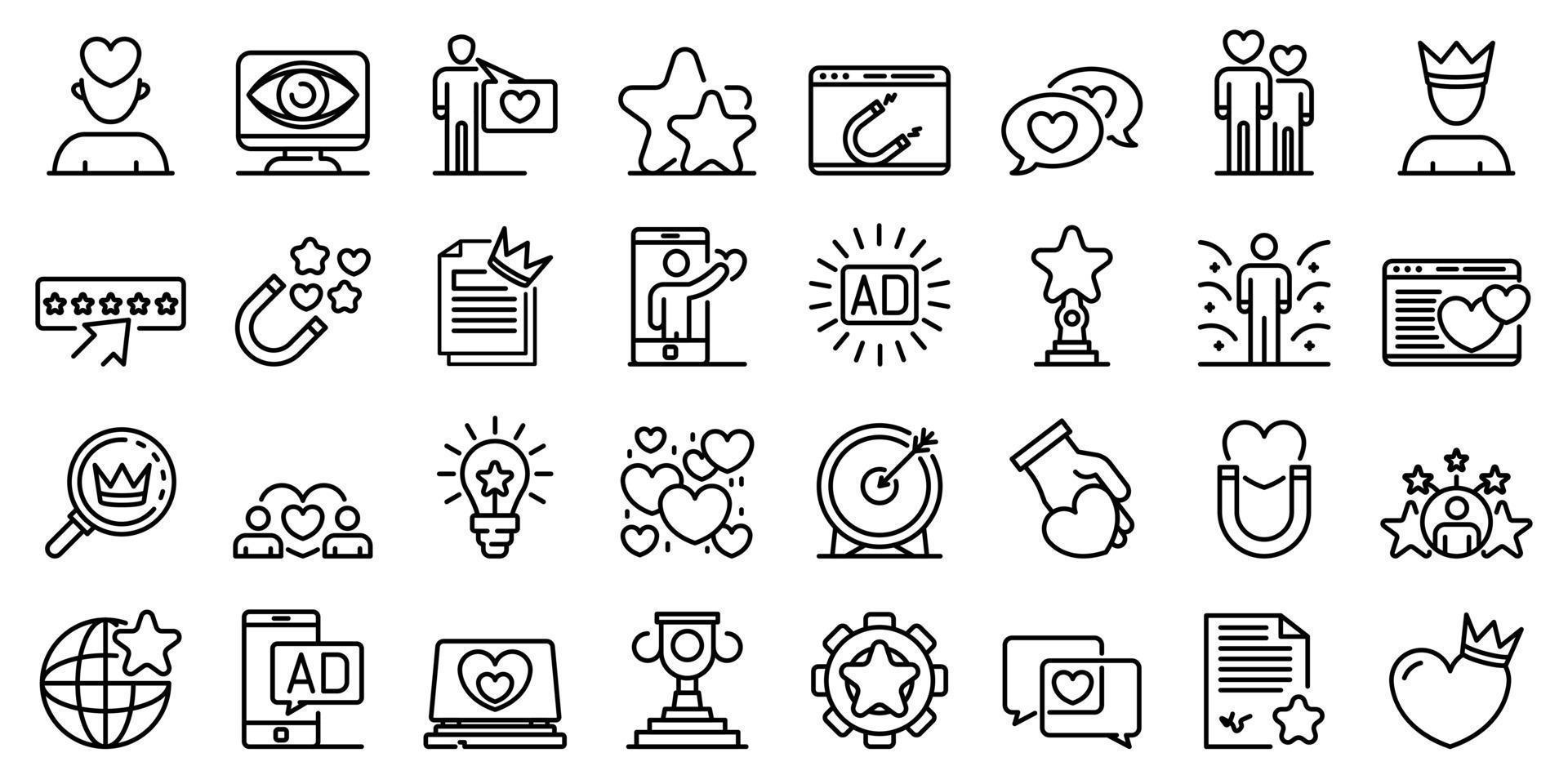 Engaging content icons set, outline style vector