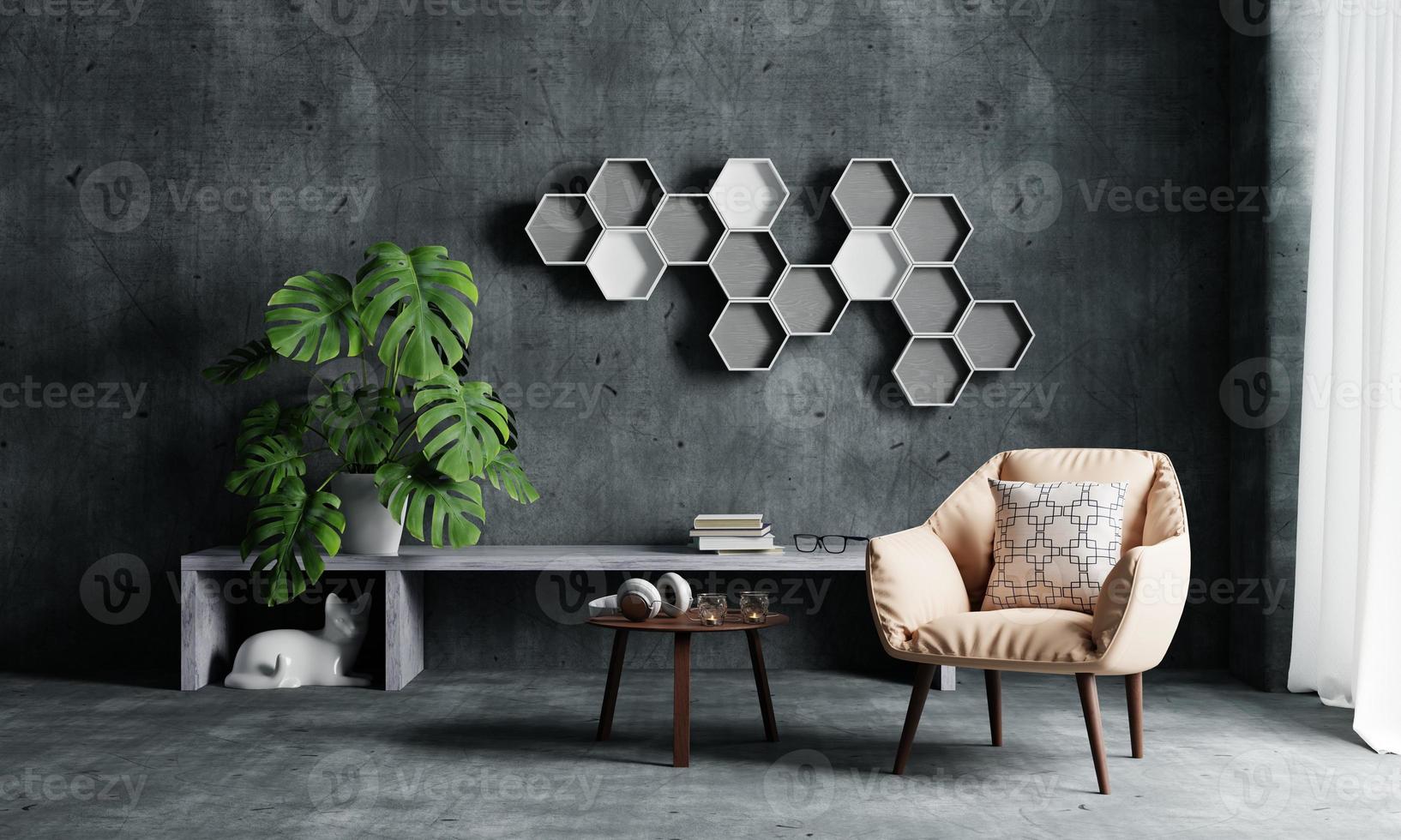 Living room with armchair sofa and Monstera plant and hexagonal book shelf on loft wall background. Interior and architecture concept. 3D illustration rendering photo