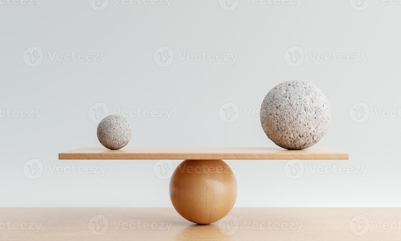 equilibrio de escala de madera con una bola grande y una bola pequeña. concepto de armonía y equilibrio. representación de ilustración 3d foto