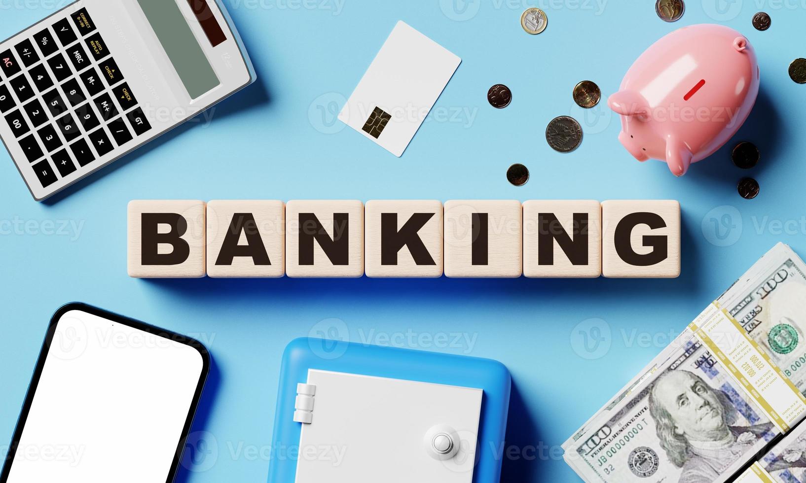 Banking wooden word block cubes with medical equipment on blue paper background. Business banking and E-commerce concept. 3D illustration rendering photo