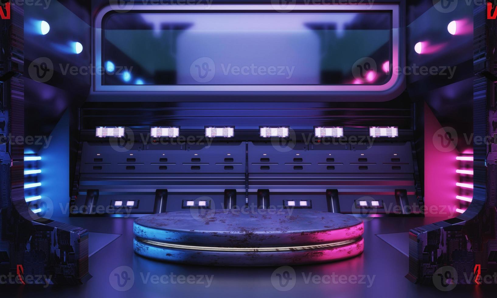 Cyberpunk sci-fi product podium showcase in empty spaceship room with blue and pink background. Cosmos space technology and entertainment object concept. 3D illustration rendering photo