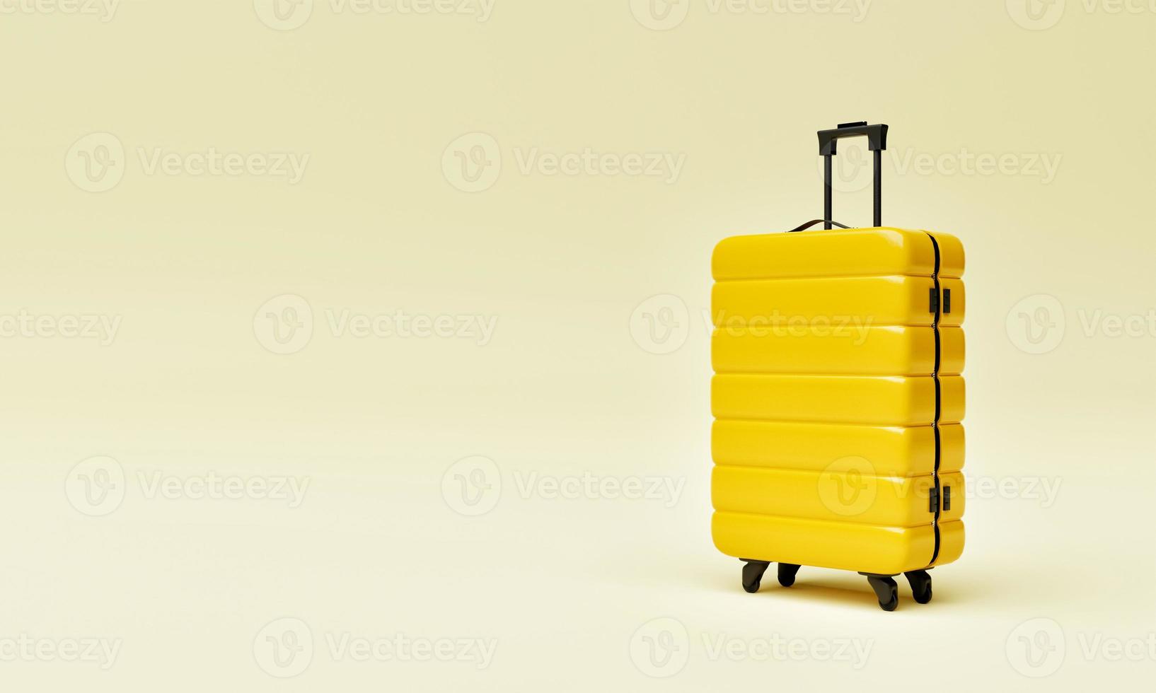 Yellow trolley suitcase on isolated background. Travel object and wanderlust concept. 3D illustration rendering photo