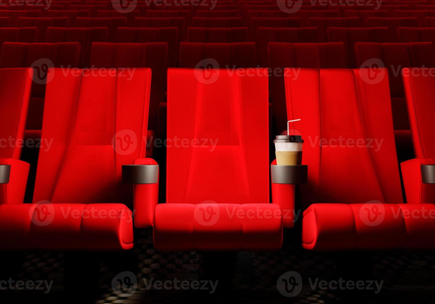 Rows of red velvet seats watching movies in the cinema with copy space banner background. Entertainment and Theater concept. 3D illustration rendering photo