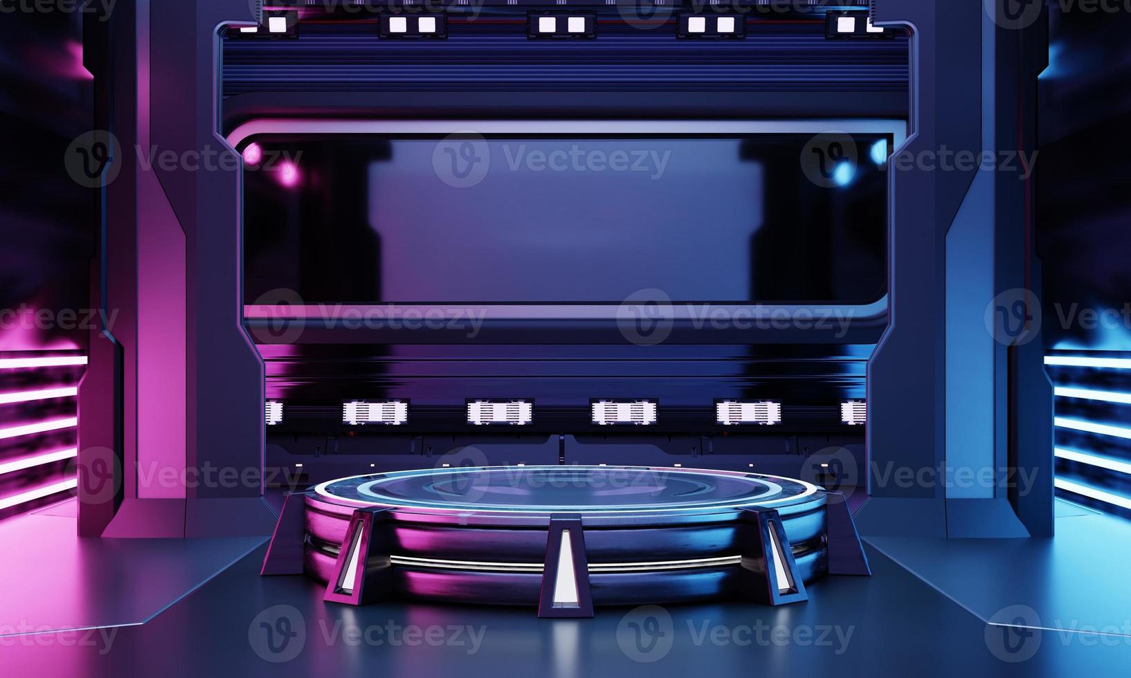 Cyberpunk sci-fi product podium showcase in empty spaceship room with blue and pink background. Cosmos space technology and entertainment object concept. 3D illustration rendering photo