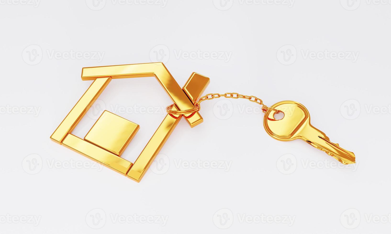 Gold key chain with golden modern house shape key holder on white background. Business construction and architecture concept. 3D illustration rendering photo