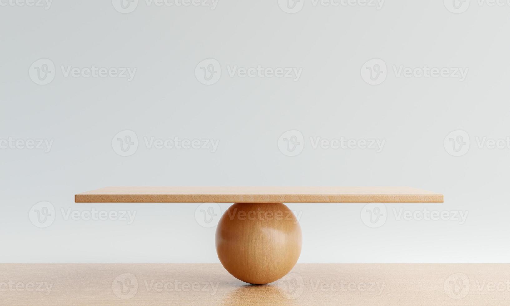 Empty balance scale on wooden table background. Object and metaphor concept. 3D illustration rendering photo