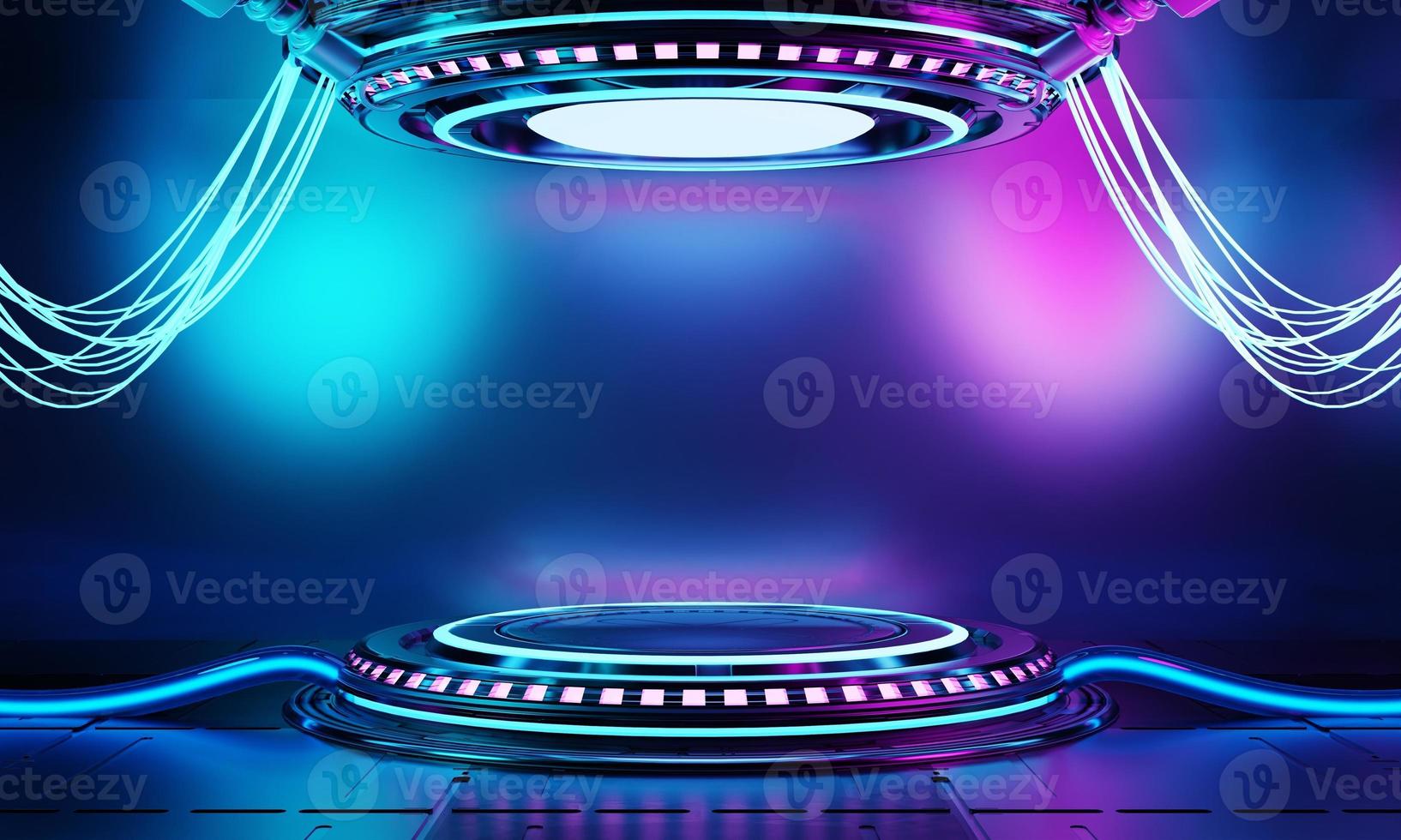 Inside spaceship laboratory with empty podium interior architecture with glowing blue and pink neon for cyberpunk product presentation. Technology and Sci-fi concept. 3D illustration rendering photo