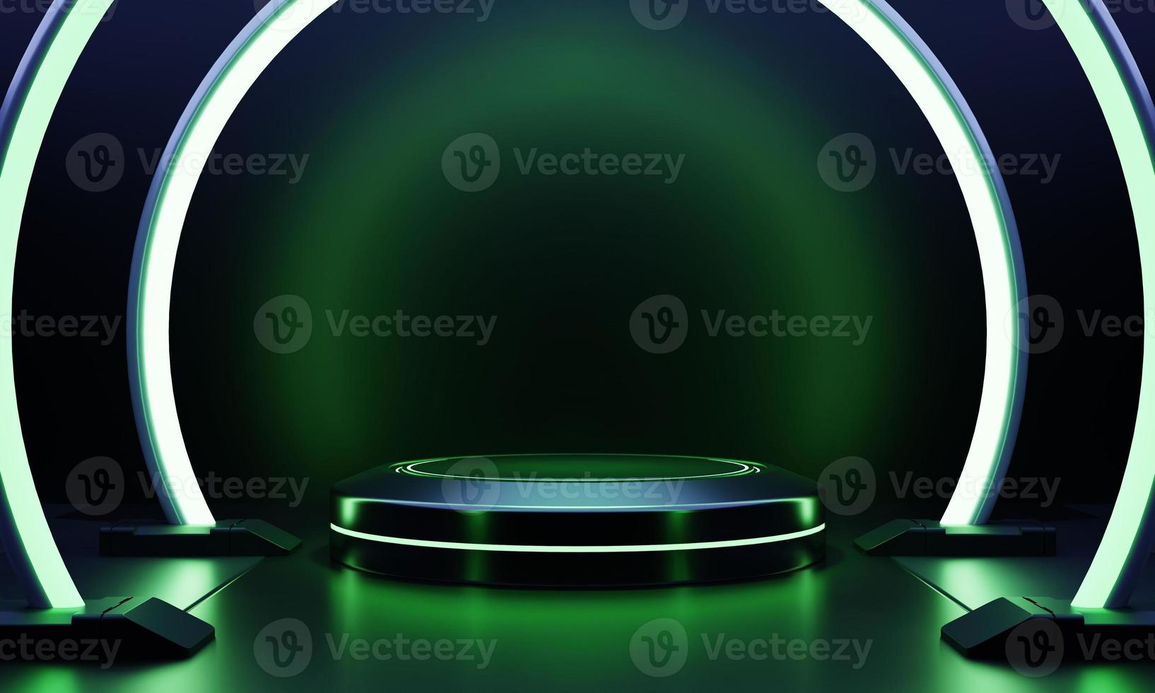 Modern round product showcase sci-fi podium with green glowing light neon frame background. Technology and object for advertising template concept. 3D illustration rendering photo