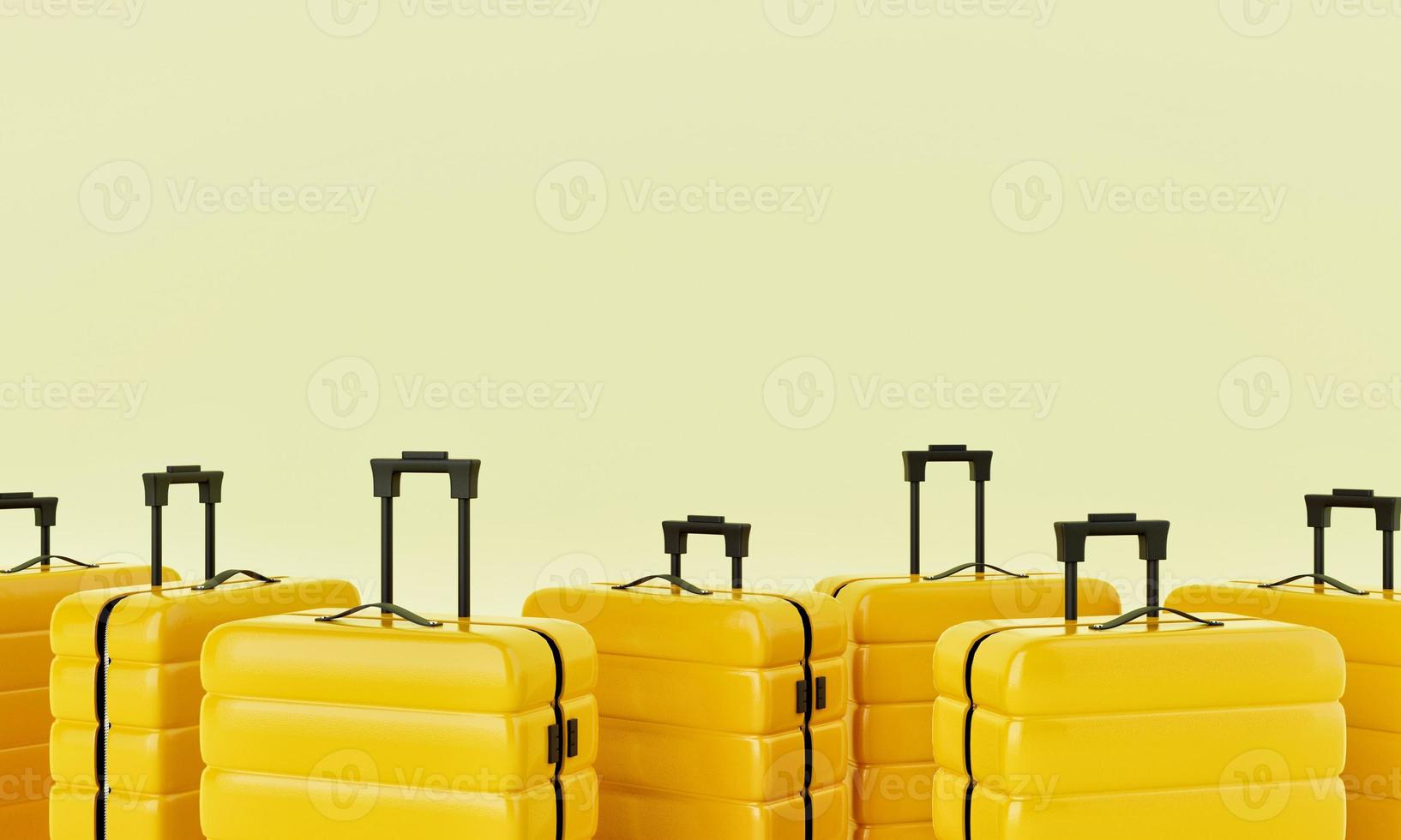 Group of yellow trolley suitcases on isolated background. Travel object and wanderlust concept. 3D illustration rendering photo