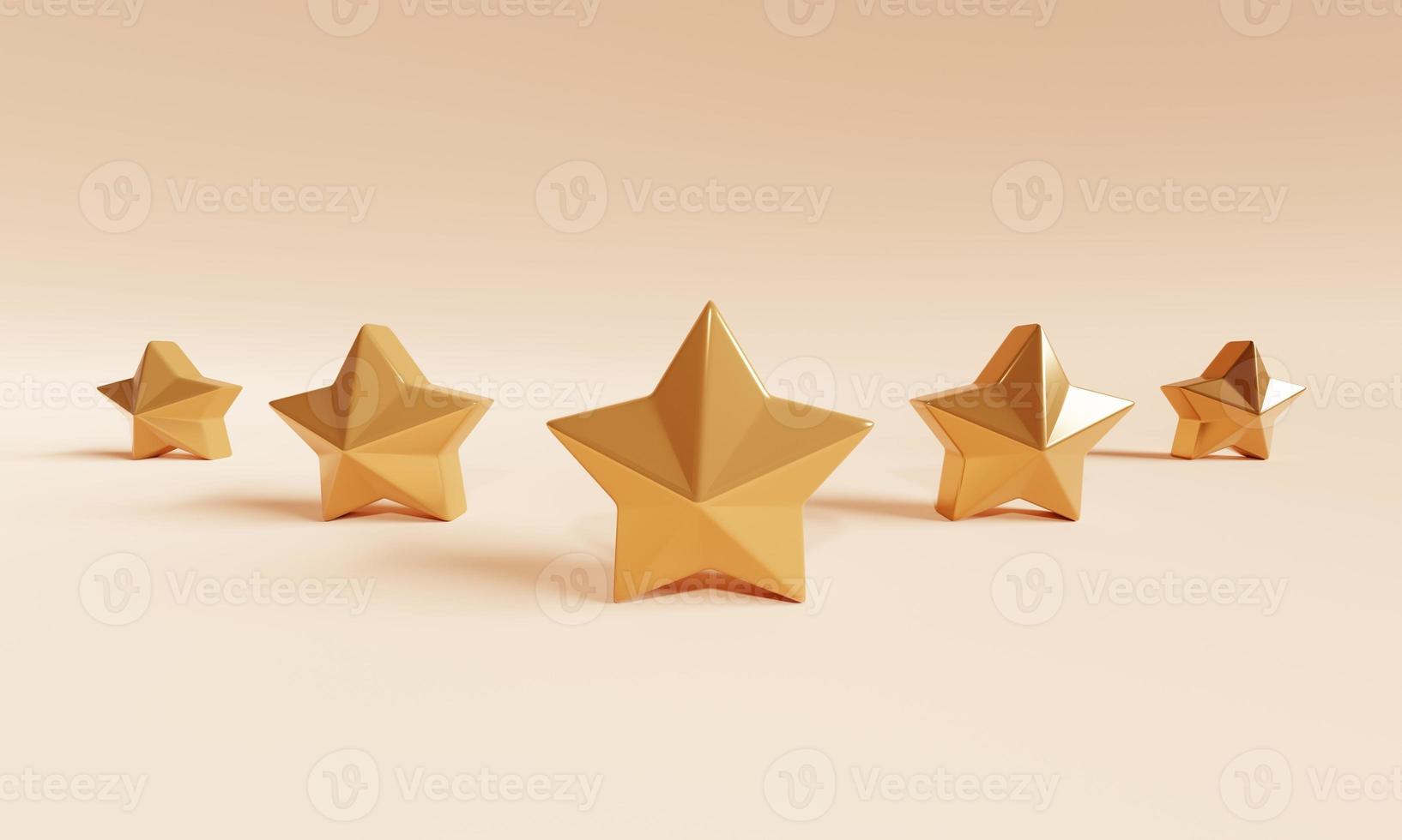 Five golden stars feedback rank vote on orange background. Opinion and marketing survey concept. 3D illustration rendering photo