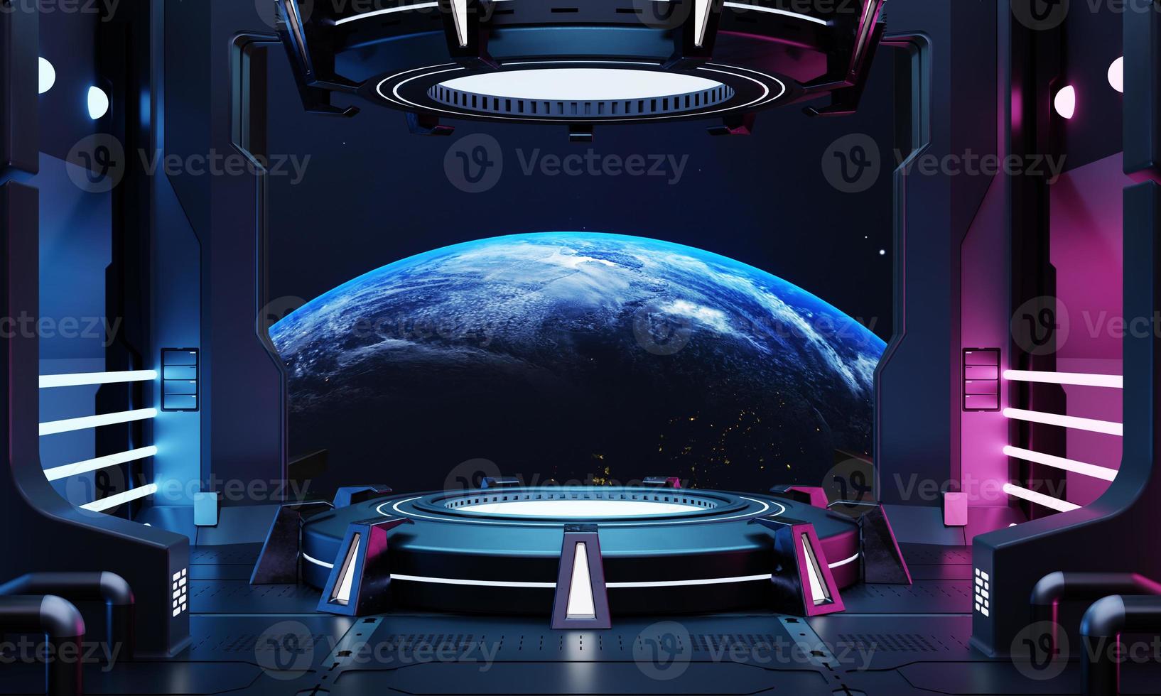 Sci-fi product podium showcase in empty spaceship room with blue earth background. Cyberpunk blue and pink color neon space technology and entertainment object concept. 3D illustration rendering photo