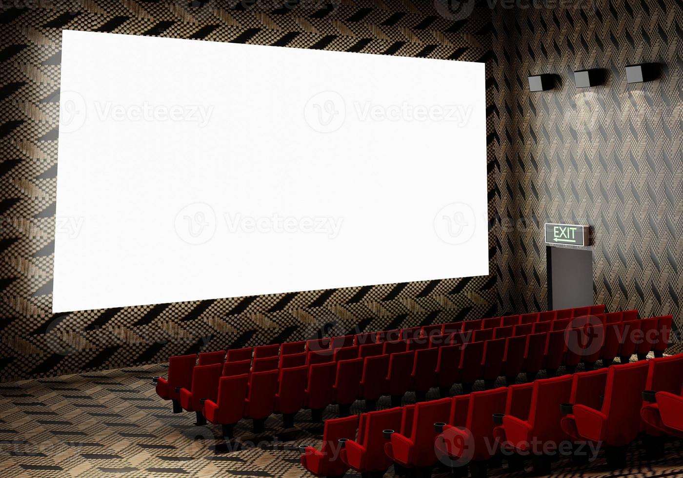 Blank white luminous cinema movie theatre screen with realistic red rows of seats and chairs with empty copy space background. Movie premiere and Entertainment concept. 3D illustration rendering photo
