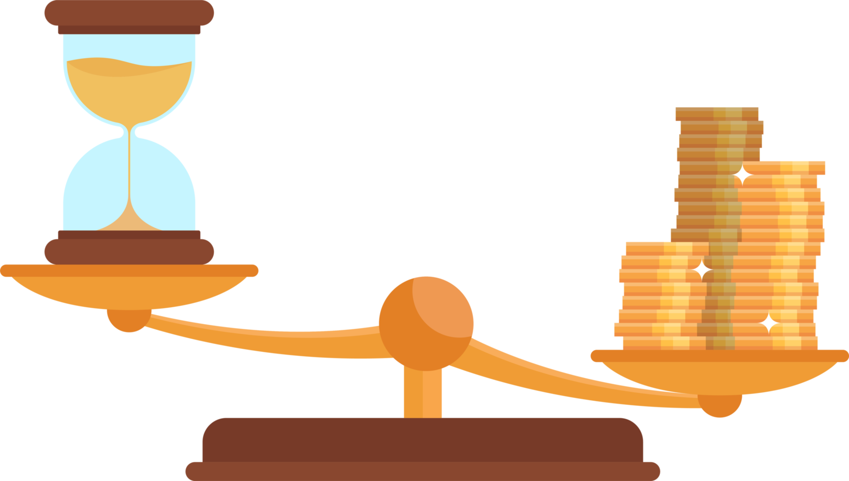 Balance scale with gold coins and hourglass png