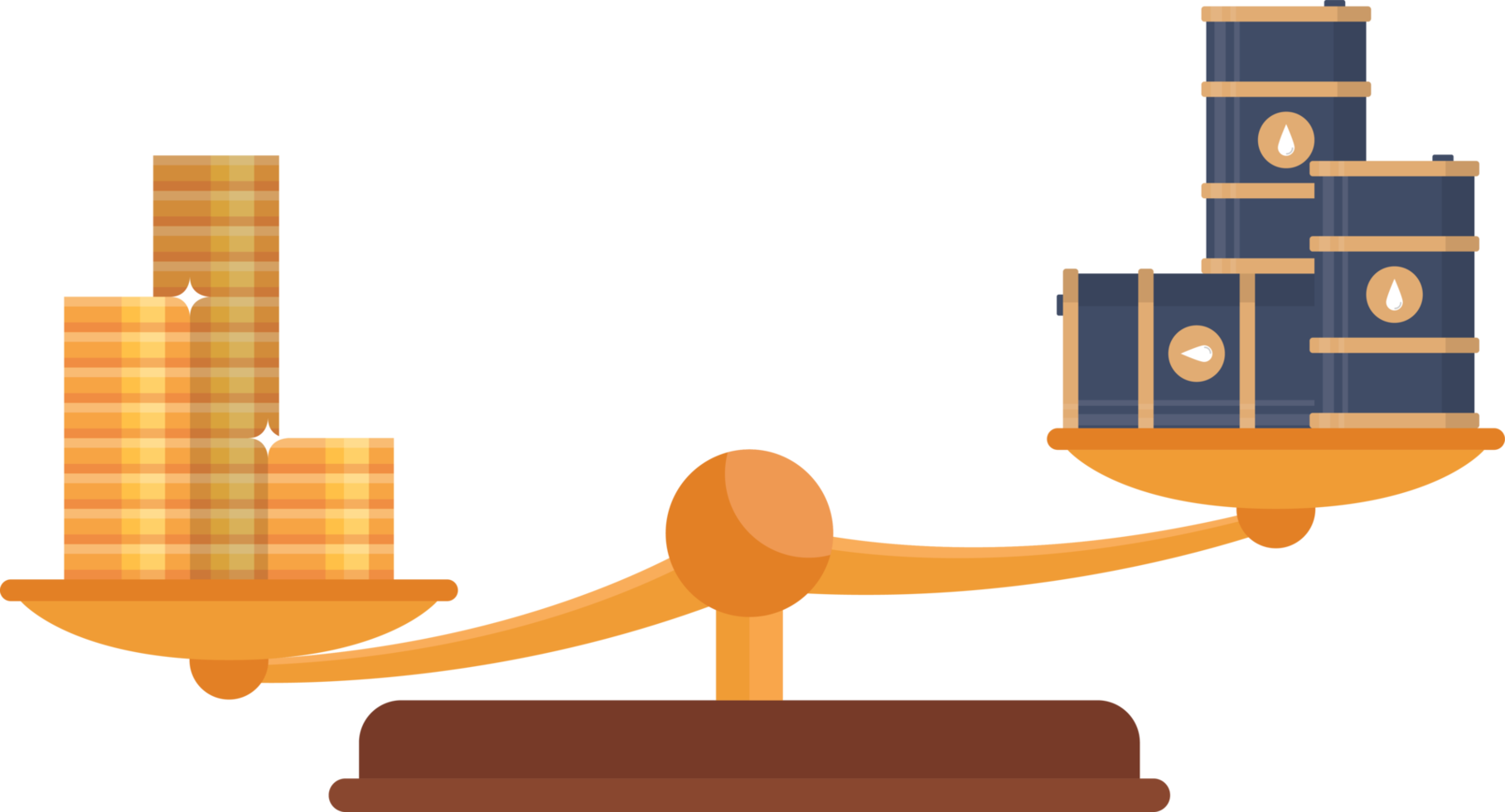 Balance scale with gold coins and oil barrels png