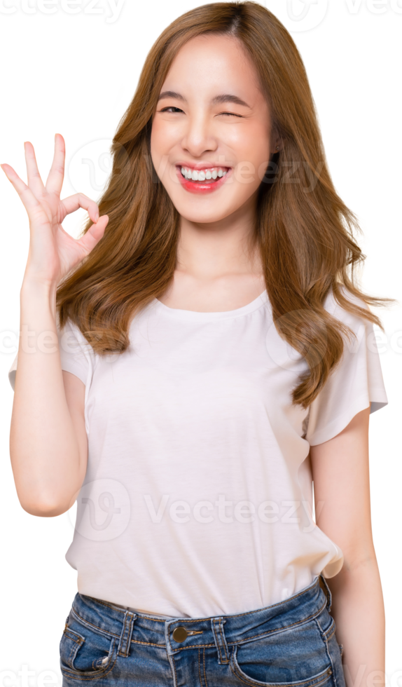 woman shows ok sign and looking at the camera. png