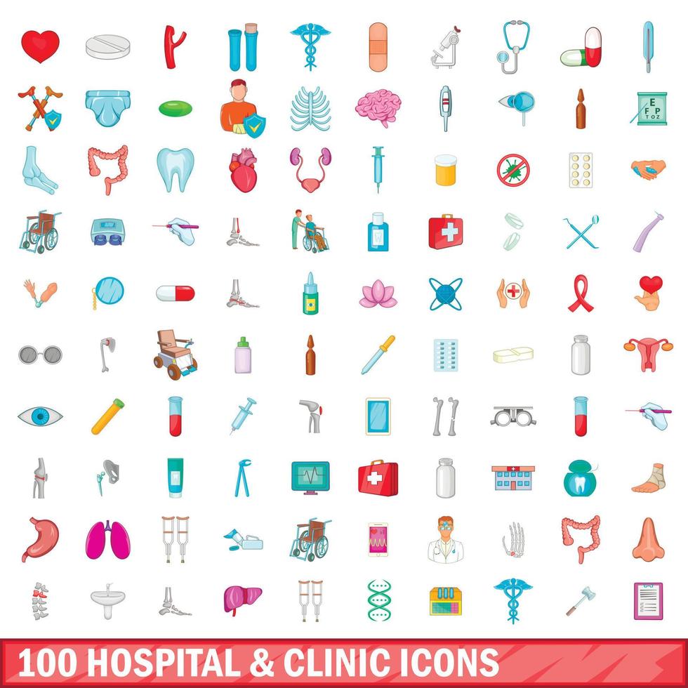 100 hospital and clinic icons set, cartoon style vector