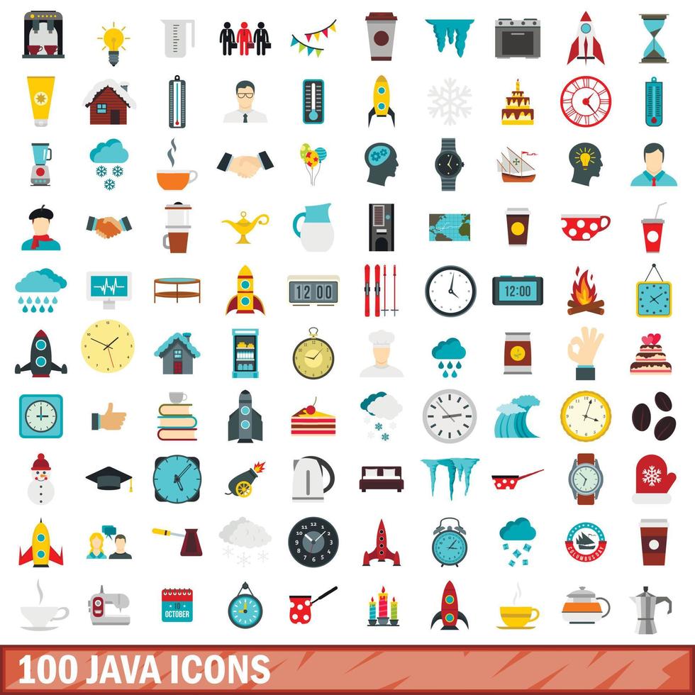 100 java icons set, flat style vector