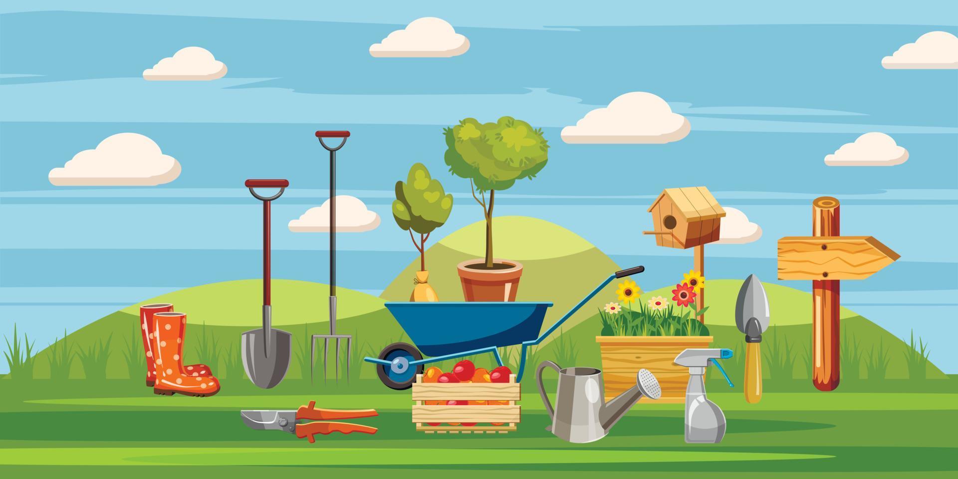 Gardener tools icons set, cartoon style vector