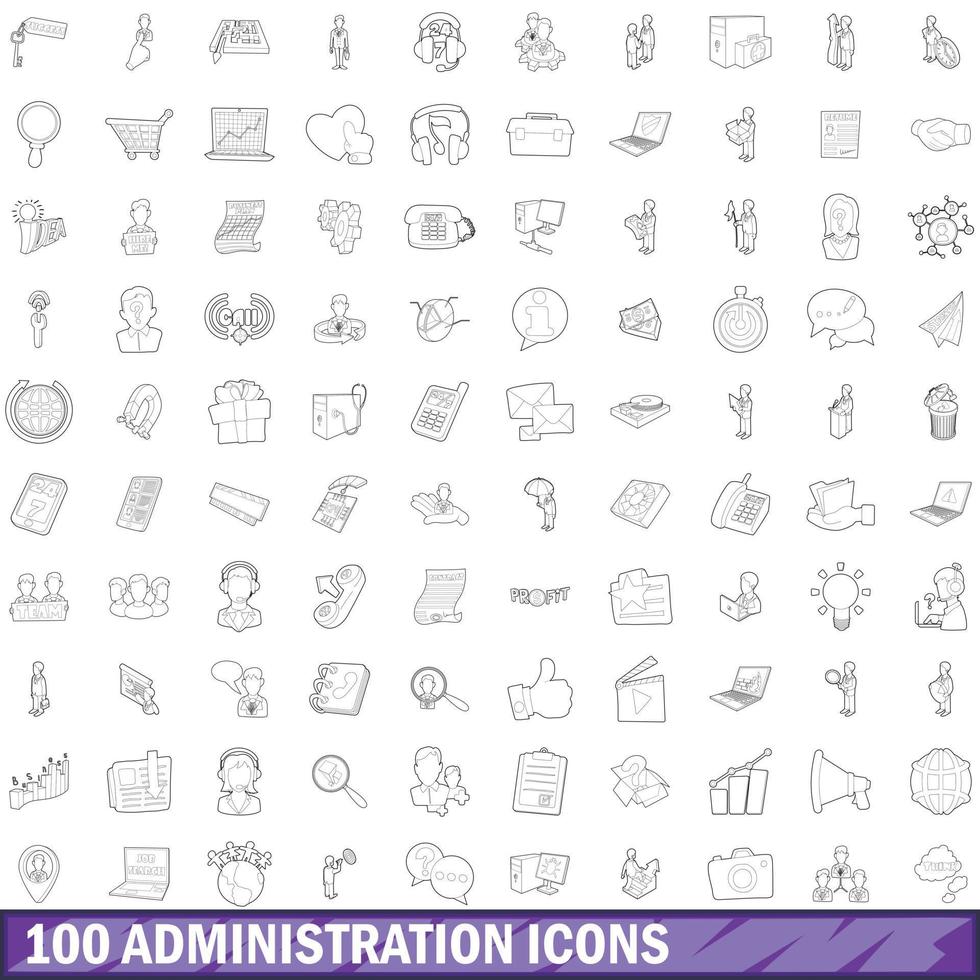 100 conjunto de iconos de administración, estilo de esquema vector