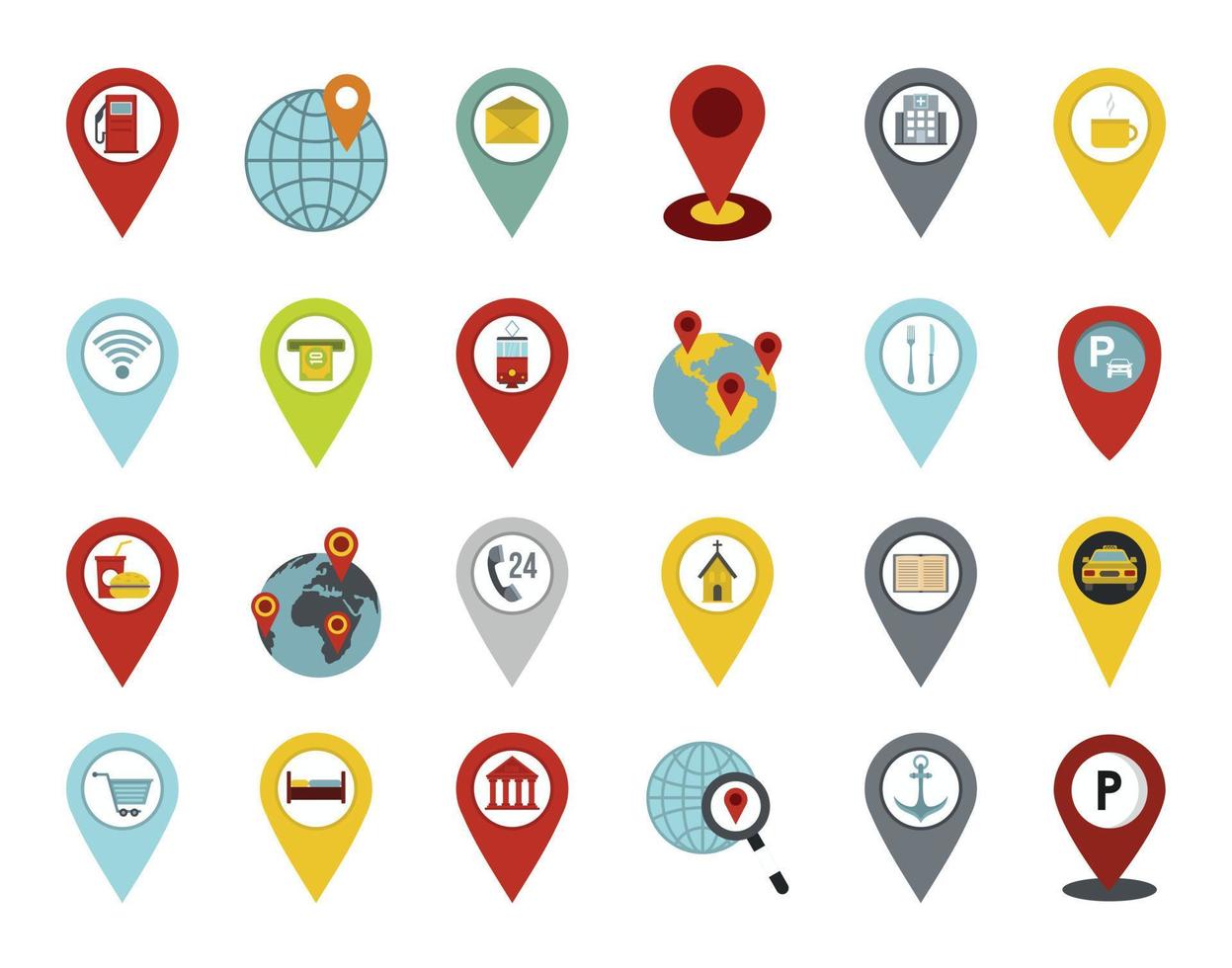 Pin map icon set, flat style vector