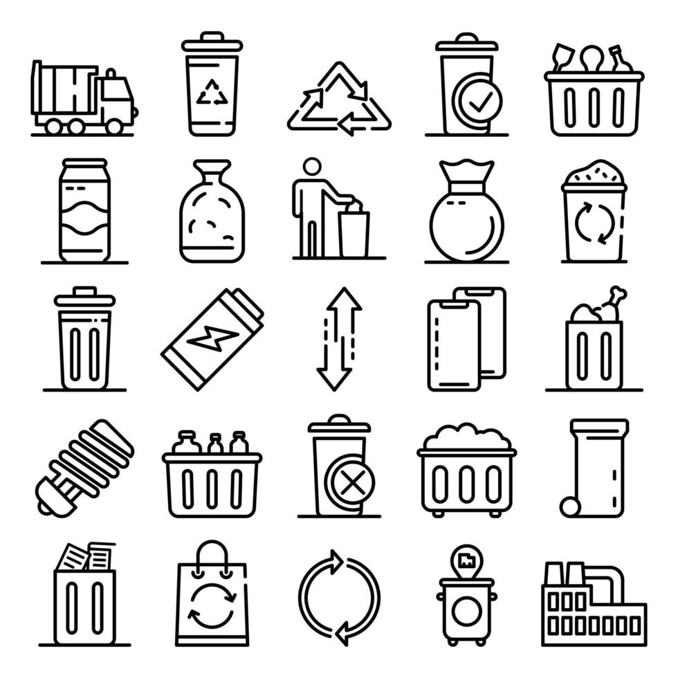 Garbage icons set, outline style vector
